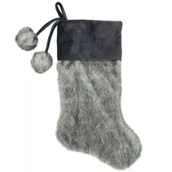 Northlight 20.5-Inch Gray Faux Fur Christmas Stocking with Corduroy Cuff and Pom Poms
