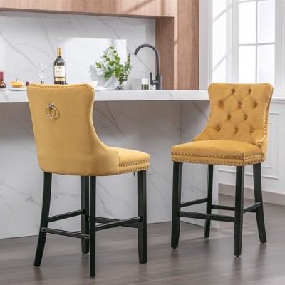 41.30"Contemporary Velvet Upholstered Barstools with Button Tufted Decoration and Wooden Legs, , Set of 2,Beige