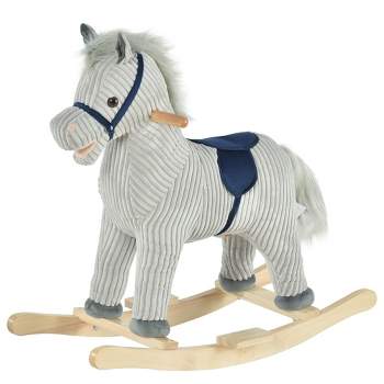 Qaba Kids Rocking Horse, Plush Ride on Horse, Toddler Rocker for 36-72 Months Boys and Girls with Realistic Sounds, Gray