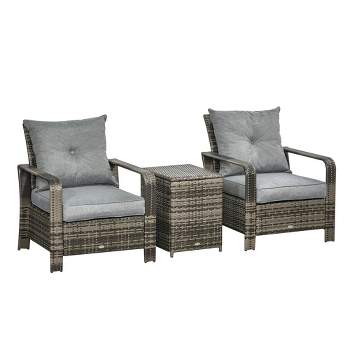 Outsunny 3 PCS Rattan Wicker Bistro Set with Storage Table, Patio Furniture Set Outdoor Sofa Set with Washable Cushion, Coversation Set for Garden Balcony Porch