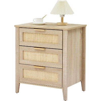 Rattan Nightstand, 3 Rattan Drawers Storage, Black Night Table, Bedside Cabinet with Shelves for Bedroom Living Room