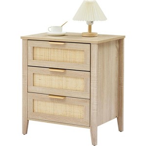 Rattan Nightstand, 3 Rattan Drawers Storage, Black Night Table, Bedside Cabinet with Shelves for Bedroom Living Room - 1 of 4