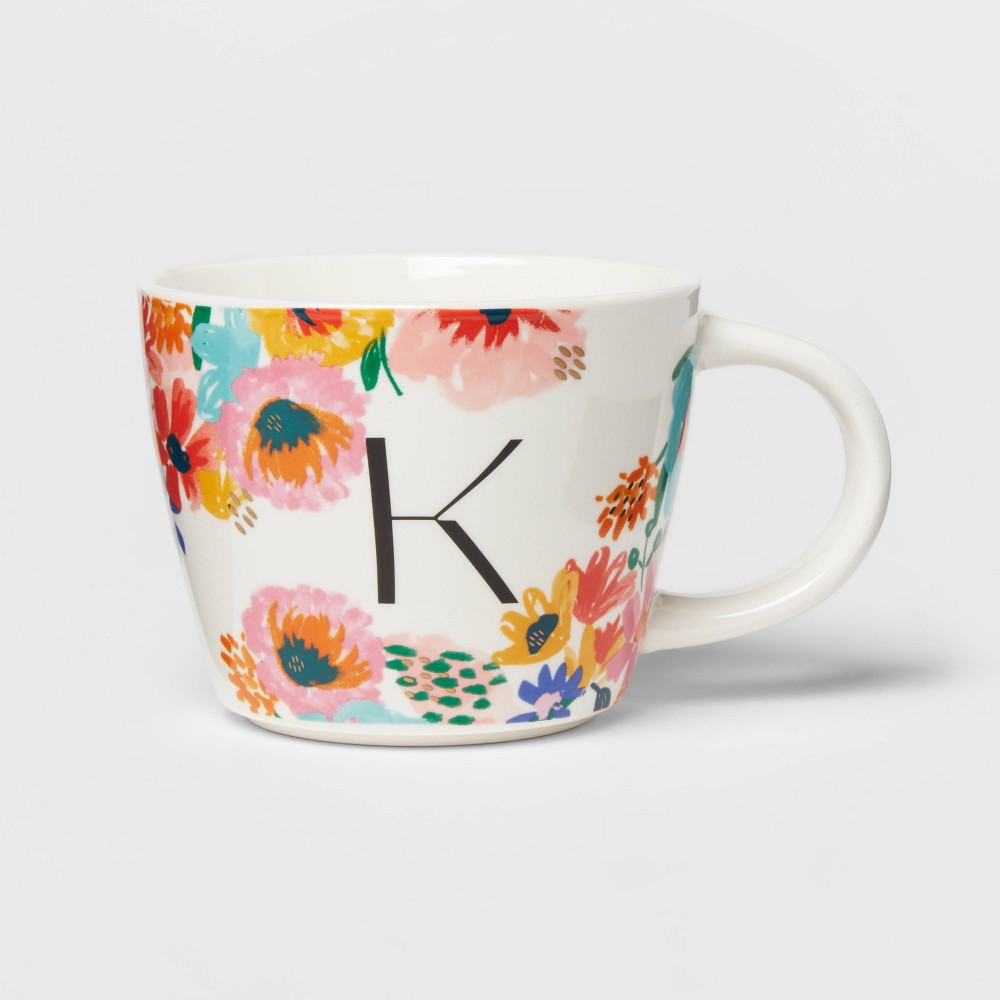 16oz Stoneware Monogram Floral Mug K - Opalhouse Set of 2.