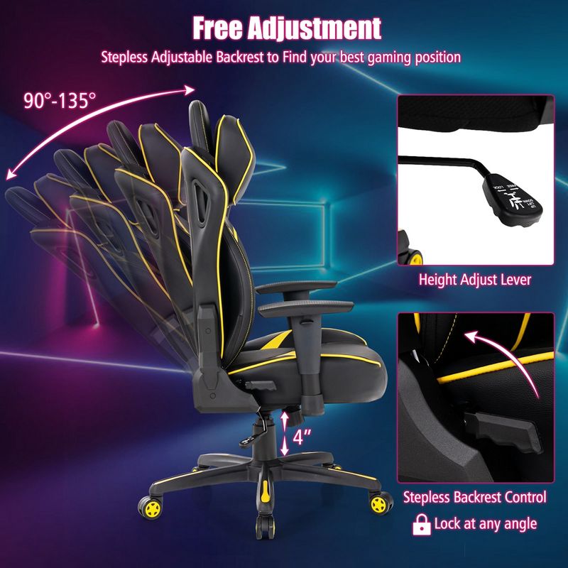 Costway Gaming Chair 360° Swivel Computer Reclining Height Adjustable 2D Armrest Yellow, 5 of 11