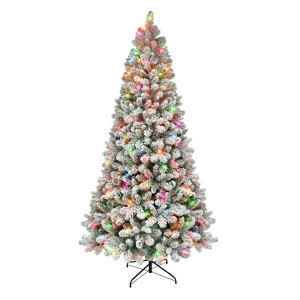 Puleo Pre-lit Flocked Virginia Pine Artificial Christmas Tree with Multicolor Lights - 1 of 3