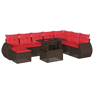 vidaXL Patio Sofa Set with Cushions and Table Outdoor 9 Piece Poly Rattan - Brown without storage - 1 of 4