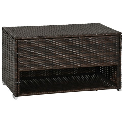 Outsunny Outdoor Deck Box Shoe Storage PE Rattan Wicker Towel Rack with Liner for Indoor Outdoor Pool Toys Garden Tools Brown