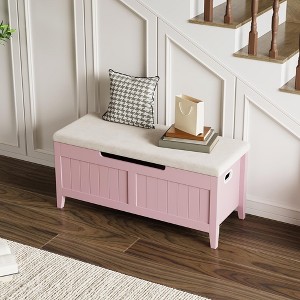Storage Chest, Storage Trunk with Cushion Seat, 2 Safety Hinges, Storage Bench, Wooden Storage Organizer, Shoe Bench  Easy Assembly - 1 of 4