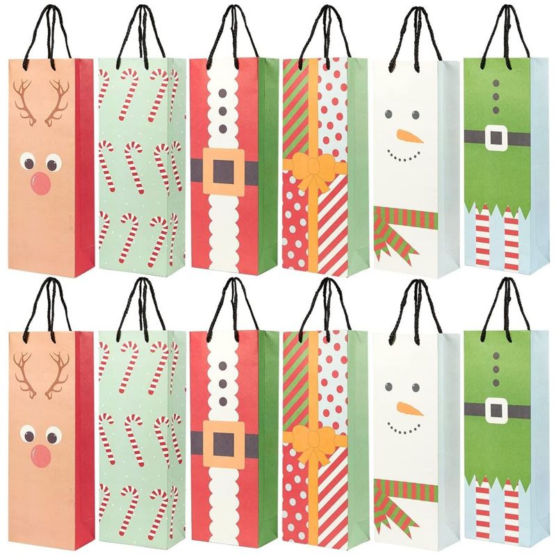 Blue Panda 24-Pack Christmas Xmas Wine Bags - Kraft Paper Bags, Paper Bags with Handles for Shopping, Snowman & Ornaments Design,15.3x3.2x5.5", 1 of 7