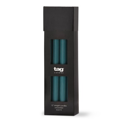 TAG Color Studio 12" Straight Taper Unscented Smokeless Paraffin Wax Candle Teal, Burn Time 12 hrs. Set 12