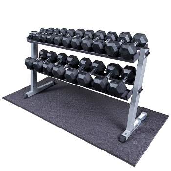Body Solid Rubber Dumbbell Set with 2 Shelf Rack and Vinyl Mat - 5-50lbs