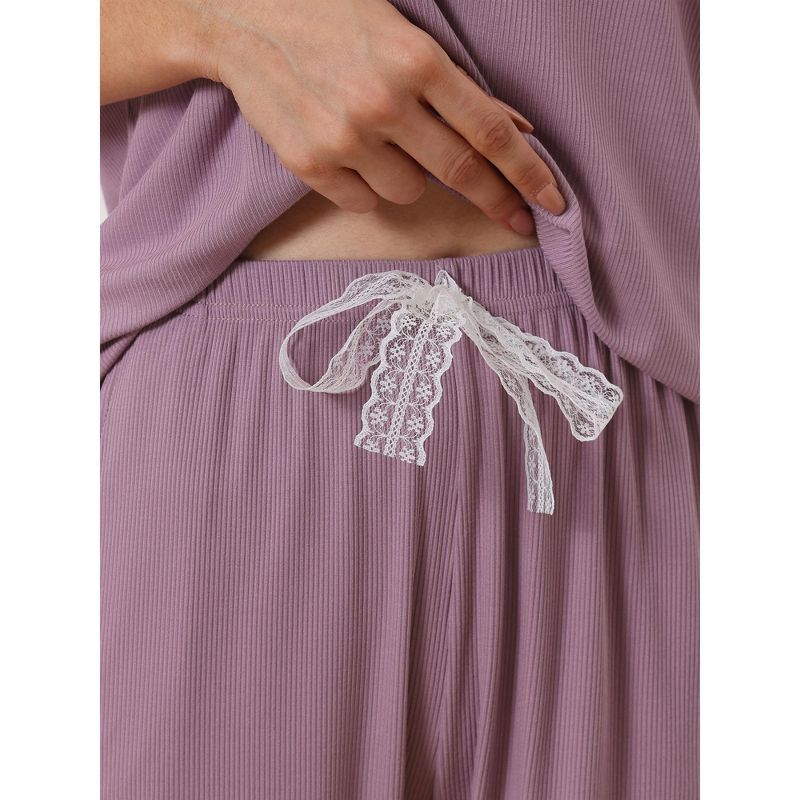 cheibear Women's Modal Loose Summer Lace Trim Short Sleeve Carpri Pajama Set, 5 of 7