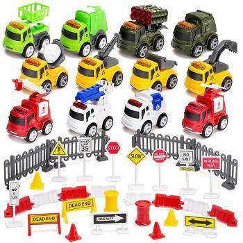 Syncfun 12Pcs Toddler Toy Cars Diecast Friction Powered Vehicles with 12 Traffic Road Signs Car Kids Birthday Easter Xmas Gifts