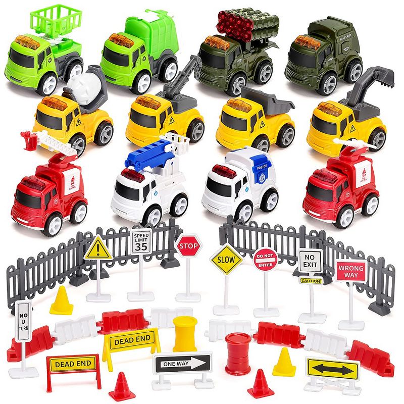 Syncfun 12Pcs Toddler Toy Cars Diecast Friction Powered Vehicles with 12 Traffic Road Signs Car Kids Birthday Easter Xmas Gifts, 1 of 8
