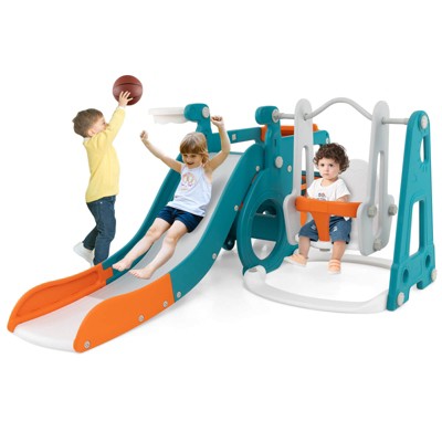 Safstar 6 in 1 Toddler Slide and Swing Set, Indoor Outdoor Bus Playset Gym with Baby Swing, Basketball Hoop, Crawling Tunnel, Kids Climber Play Set