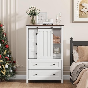 Farmhouse 5-Drawer Dresser with Sliding Barn Door, 48" Tall Wood Chest of Drawers with Adjustable Shelf for Bedroom, Entryway, Living Room — White - 1 of 4