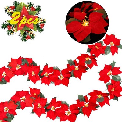 WOPET 2 Pack Poinsettia Christmas Garland - 6.5ft Artificial Xmas Decor with Holly Leaves, Timer, and LED Lights for Indoor/Outdoor Use