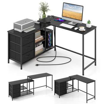 Tangkula L-Shaped Computer Desk with Drawers & Shelves 81” Convertible Home Office Desk with Charging Station Rustic Brown/Black/White