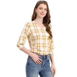 INSPIRE CHIC Women's V Neck 3/4 Sleeves Ligthweight Check Plaid Blouses - 1 of 4