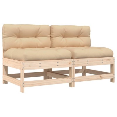 vidaXL Solid Wood Pine Middle Sectional Sofas 2 Pcs - Untreated Pinewood Couples Seating with Beige Cushions - Modular Patio Lounge Set