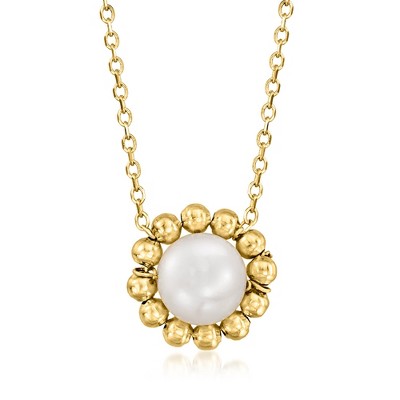 Ross-Simons 5-6mm Cultured Pearl Bead Halo Necklace in 14kt Yellow Gold
