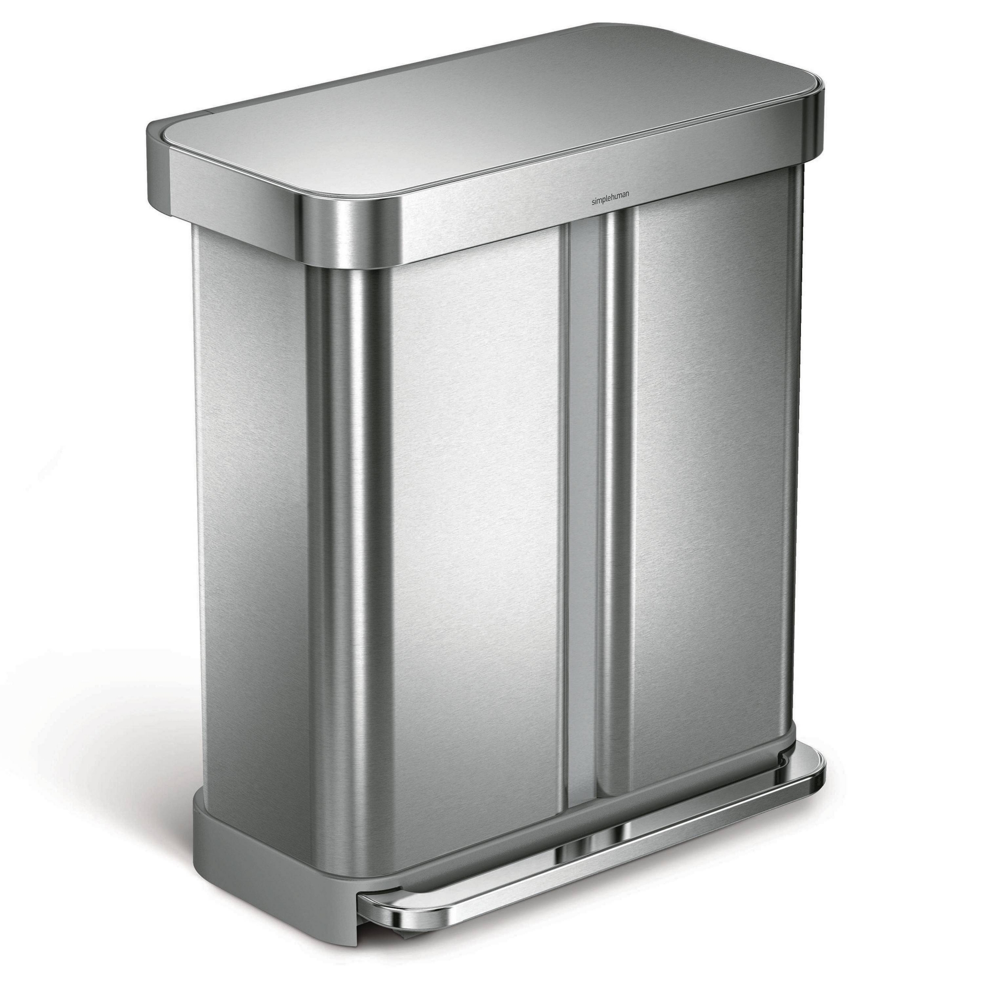 simplehuman 58L Rectangular Dual Compartment Recycling Step Trash Can Brushed Stainless SteelBrushed Silver Finish