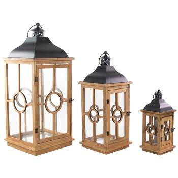 Northlight Set of 3 Natural Wood Candle Lanterns with Black Metal Tops 26.5"