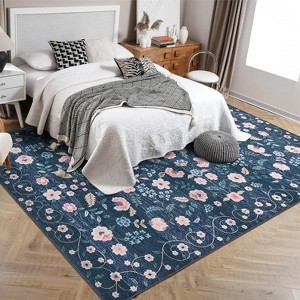Washable Floral Rugs Soft Thin Flower Carpet Non Slip Low Pile Modern Printed Area Rug for Kids Room Living Room Bedroom - 1 of 4