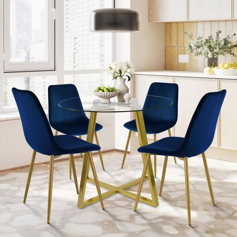 Extra Large Round Dining Table and Brass Chairs with Blue Velvet Seats -  Transitional - Dining Room