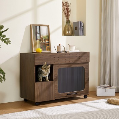 Modern Hidden Cat Litter Box Enclosure With Storage,Flip-Up Door And Wheels,Multi-Functional Side Table Nightstand For Cats-LAOTIES