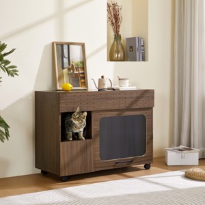 Modern Hidden Cat Litter Box Enclosure With Storage,Flip-Up Door And Wheels,Multi-Functional Side Table Nightstand For Cats-LAOTIES - 1 of 4