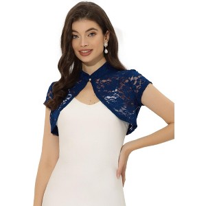 INSPIRE CHIC Women's Lace Stand Collar Pearl Button Short Sleeve Cropped Shrug - 1 of 4
