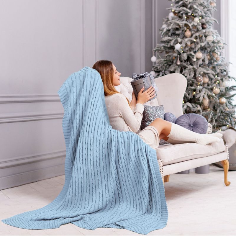 PiccoCasa 100% Cotton Cable Knit Throw Bed Blanket 1 Pc, 3 of 7