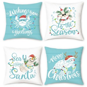 Christmas Coastal Throw Pillow Covers 18 x 18 Inch Teal Blue Ocean Sea Turtle Crab Starfish Beach - 1 of 4