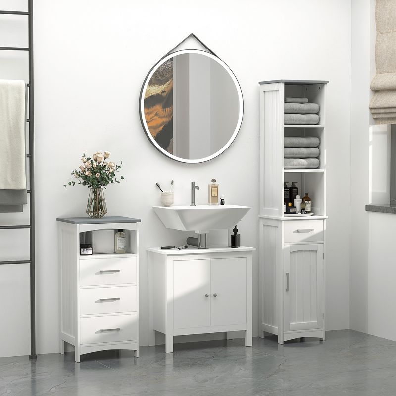 kleankin Tall Bathroom Storage Cabinet with 3 Tier Shelf, Cupboard, Drawer, Door, Freestanding Linen Tower, Slim Side Organizer, White, 4 of 8