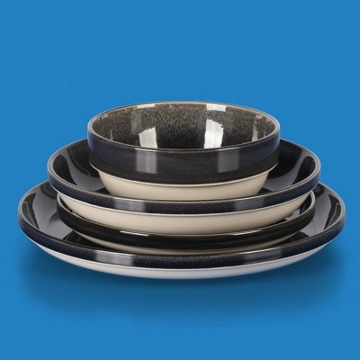 SKE Banquette Glossy Black Ceramic 16-Piece Dinnerware Set