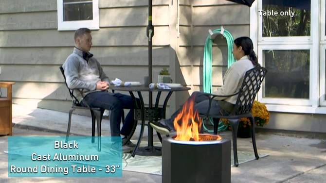 Sunnydaze Round Lattice Design Cast Aluminum Outdoor Patio Table with Umbrella Hole, Black, 2 of 10, play video