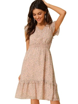 Allegra K Women's Floral Flutter Sleeves V Neck Smocked Ruffle Sundresses