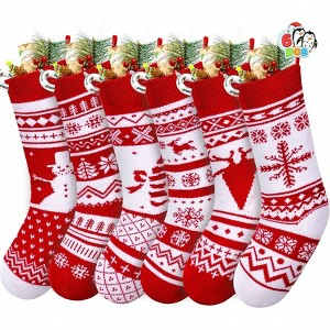6 Pack 18 Inch Knit Stockings Large Rustic Yarn Xmas Stockings Snowflake Snowman Reindeer Holiday Decorations - 1 of 4