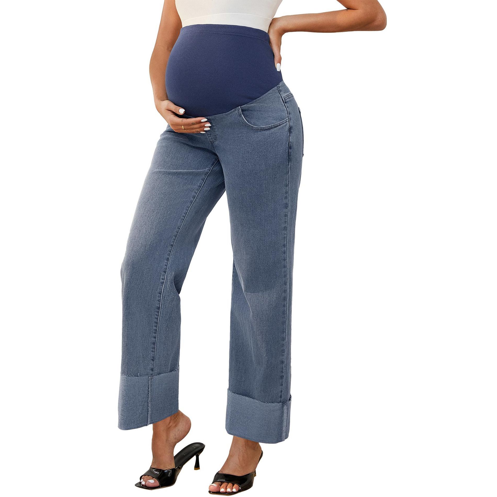 INSPIRE CHIC Women's Pregnant Cuffed Hem High Rise Straight Leg Denim Maternity Jeans Pant