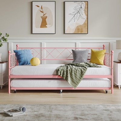 Daybed with Trundle, Sturdy Metal Twin Bed Frame with Heart-shaped Headboard, Day Bed Sofa Bed Frame with Steel Slat Support.
