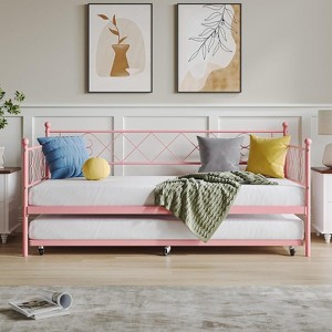 Daybed with Trundle, Sturdy Metal Twin Bed Frame with Heart-shaped Headboard, Day Bed Sofa Bed Frame with Steel Slat Support. - 1 of 4