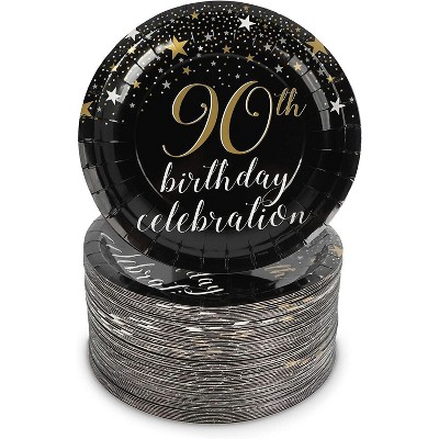 Sparkle and Bash 80-Pack Happy 90th Birthday Party Supplies, Black and Gold Disposable Paper Dessert Plates Set, 7"