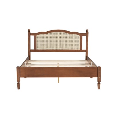 VYNXARIA Elevate Your Bedroom with This Stylish Black Full Size Wooden Platform Bed and Natural Rattan Headboard