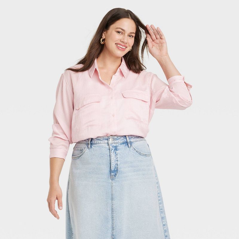 Women's Long Sleeve Chiffon Button-Down Shirt - Ava & Viv™, 1 of 4