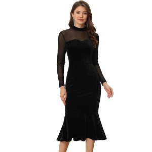 Allegra K Women's Bodycon Elegant Velvet Sheer Mesh Mock Neck Midi Cocktail Dresses - 1 of 4