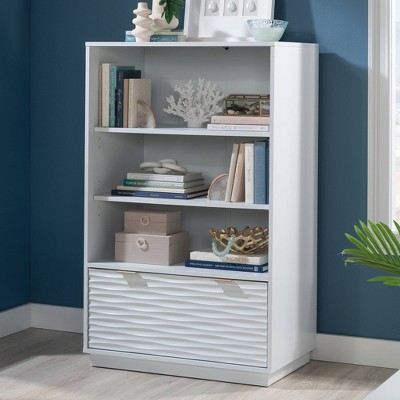 White Adjustable Wood Bookcase with Drawer and Shelves