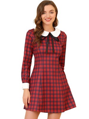 INSPIRE CHIC Women's Peter Pan Collar Fit and Flare Mini Plaid Tartan A Line Dresses