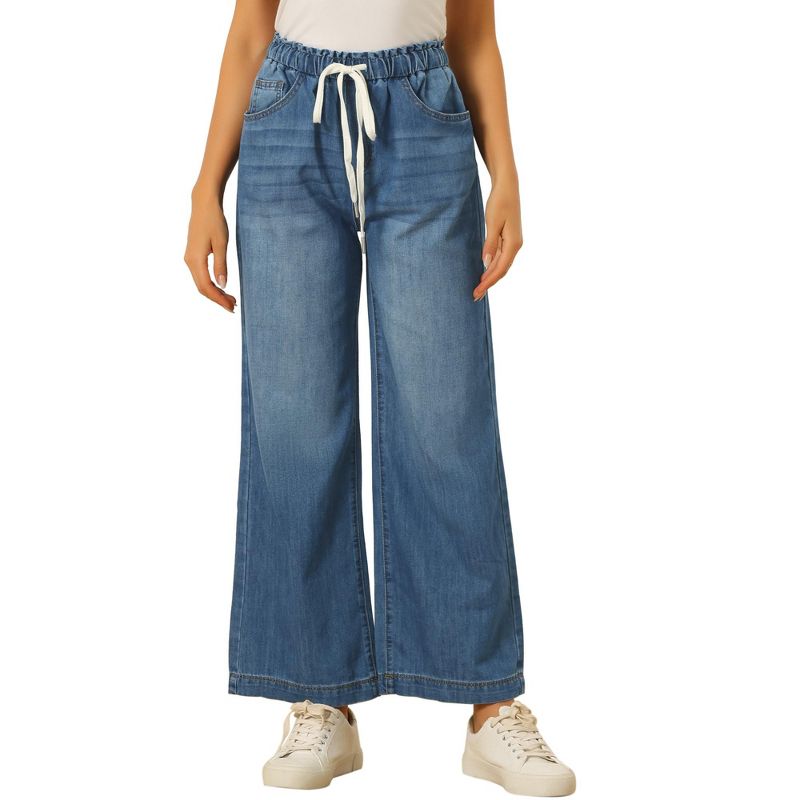 Allegra K Women's Drawstring Elastic Waist Wide Legs Jeans Casual Denim Pants, 1 of 6