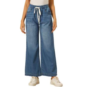 Allegra K Women's Drawstring Elastic Waist Wide Legs Jeans Casual Denim Pants